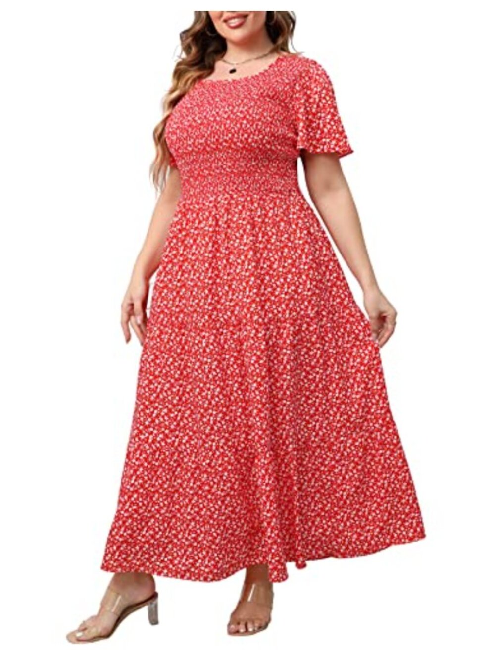 Plus Size Smocked Tiered Maxi Dress Rayon Floral Boho Scoop Neck with Pockets